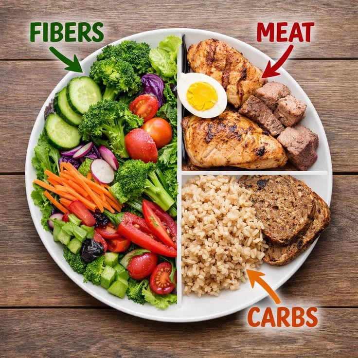 Balanced plate diagram with sections for vegetables, protein, and grains